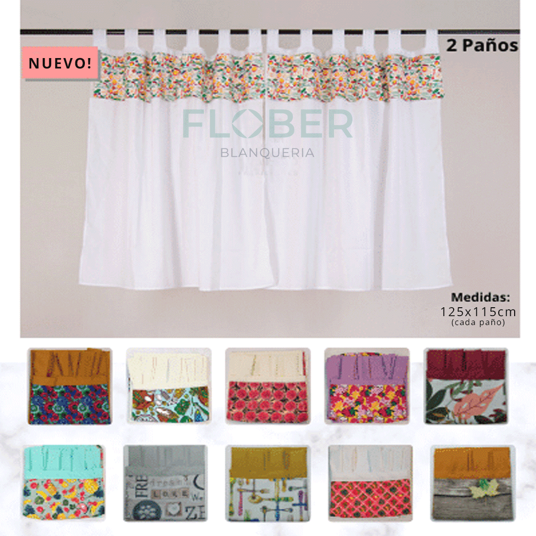 JUEGO DE CORTINAS TROPICAL CORTAS CON GUARDA ESTAMPADA (INCLUYE 2 PAÑOS DE 125x115cm APROX. CADA PAÑO)